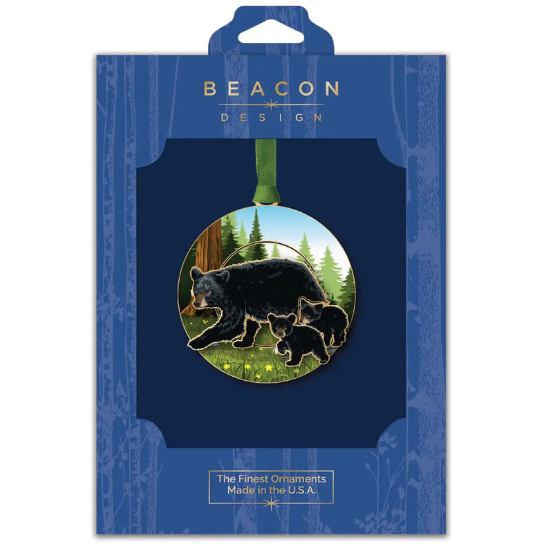 Beacon Design ornament packaging with a bear and cubs in the forest design on a blue background