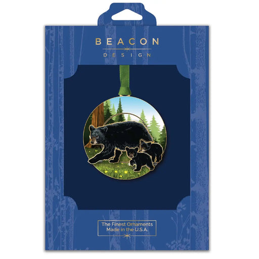 Beacon Design ornament packaging with a bear and cubs in the forest design on a blue background
