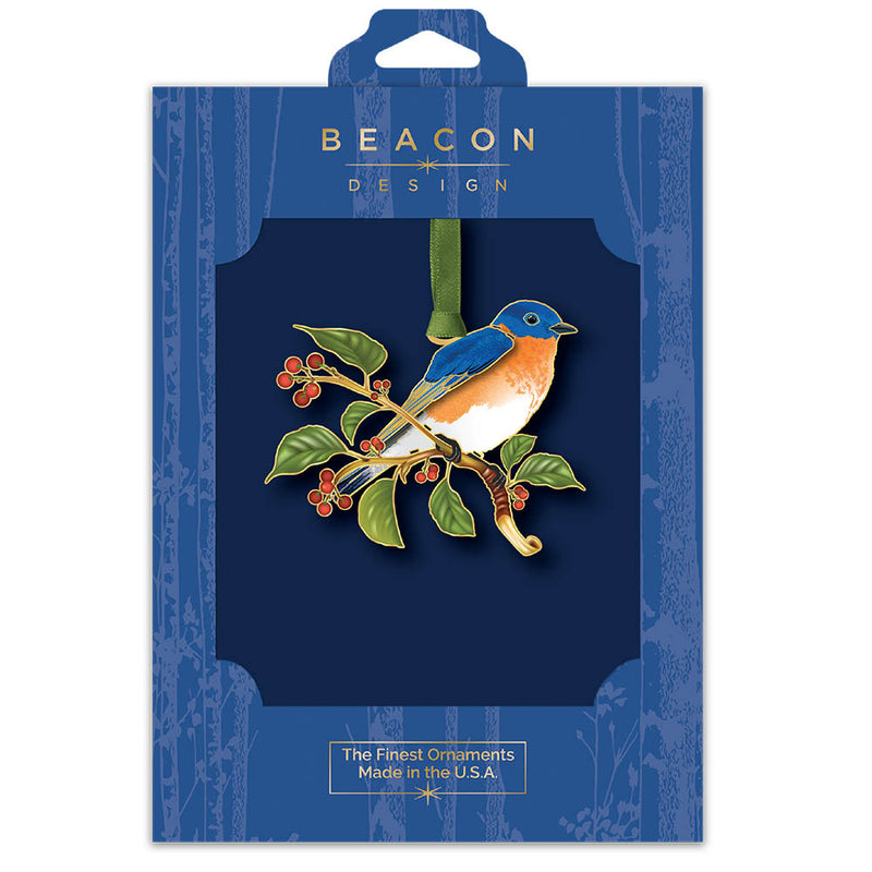 Beacon Design bluebird ornament in blue packaging on a white background