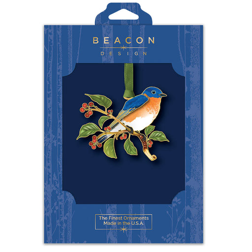 Beacon Design bluebird ornament in blue packaging on a white background