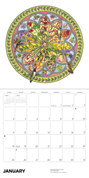 Calendar with a colorful floral mandala and hummingbird design on a white background