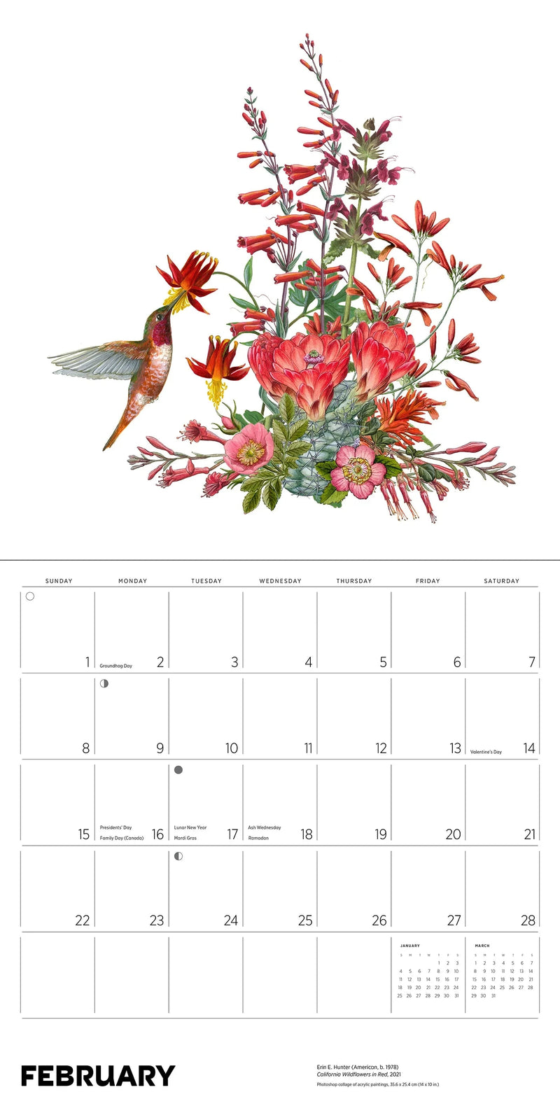 Calendar with a floral design and a hummingbird on a white background