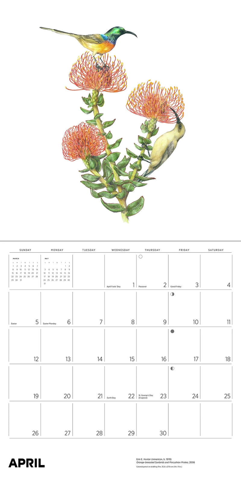 Calendar page for April with birds and flowers on a white background