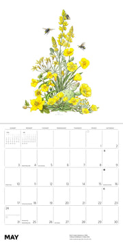 Calendar page with a illustration of yellow flowers and bees on a white background
