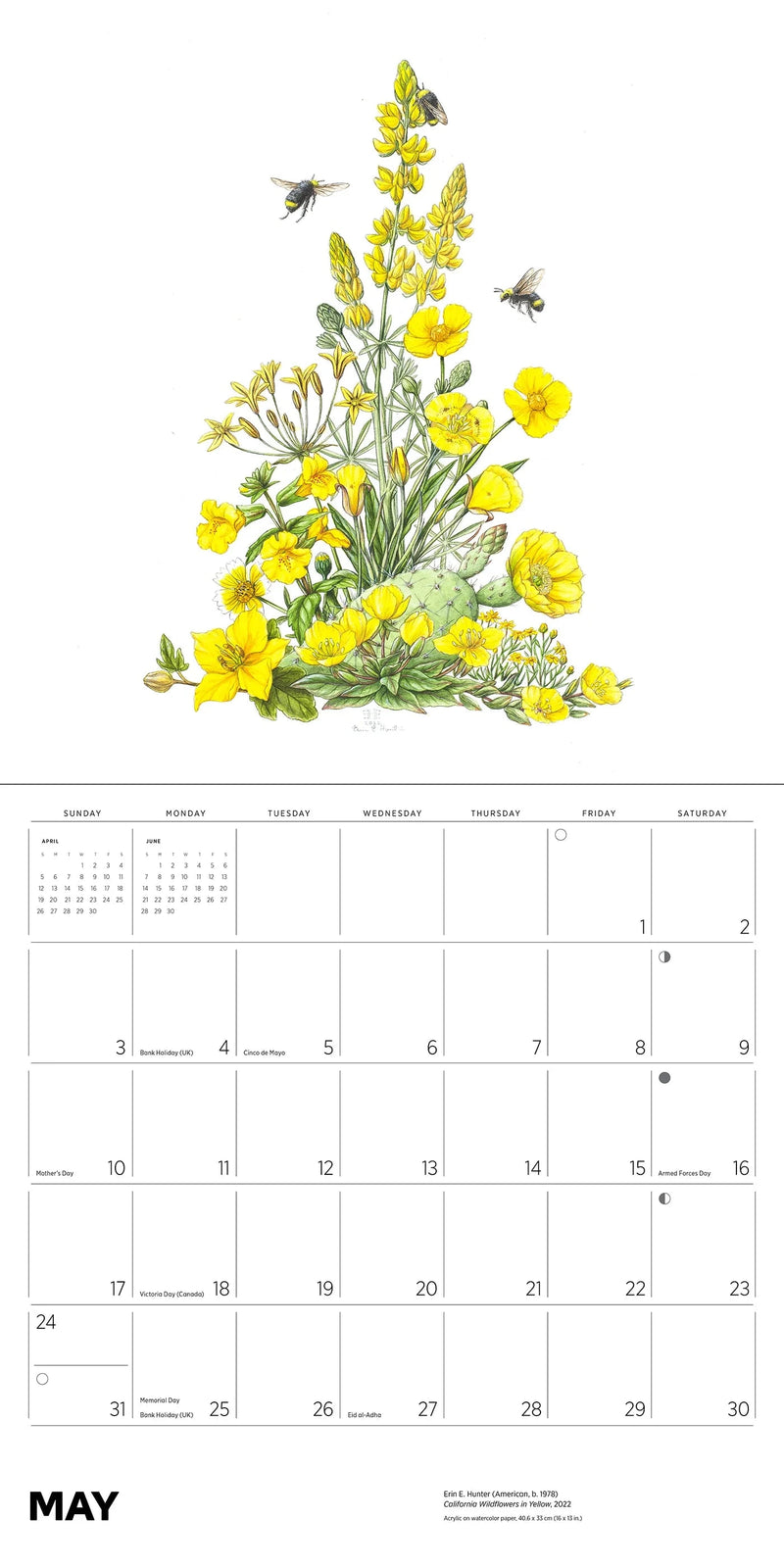 Calendar page with a illustration of yellow flowers and bees on a white background