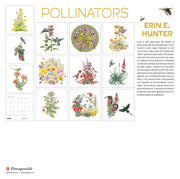 Back of 'Pollinators' calendar with artwork by Erin E. Hunter featuring illustrations of flowers and pollinators.