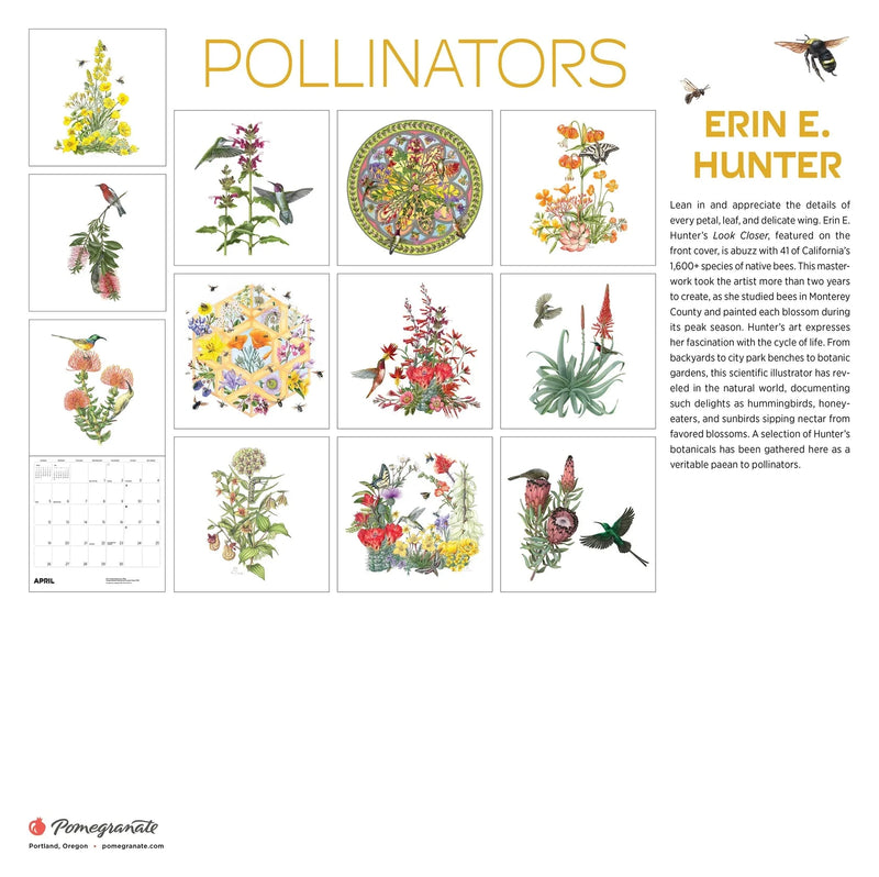 Back of 'Pollinators' calendar with artwork by Erin E. Hunter featuring illustrations of flowers and pollinators.