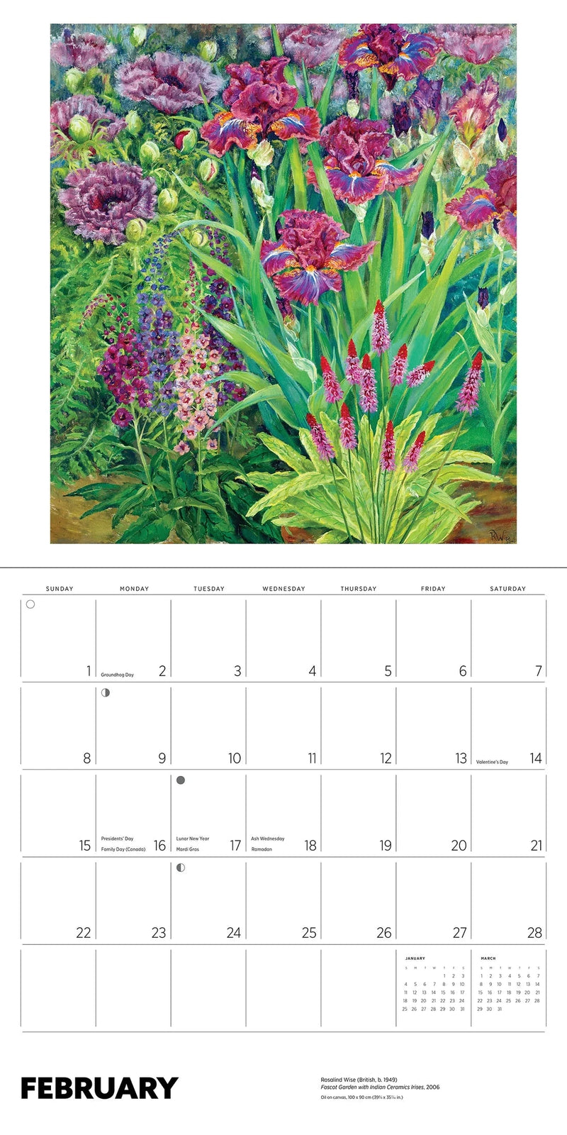 Calendar with a flower garden design with grid layout on the bottom, featuring the month of February.