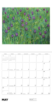 Calendar with a floral design on the top half and a grid layout for the month of May on the bottom half.