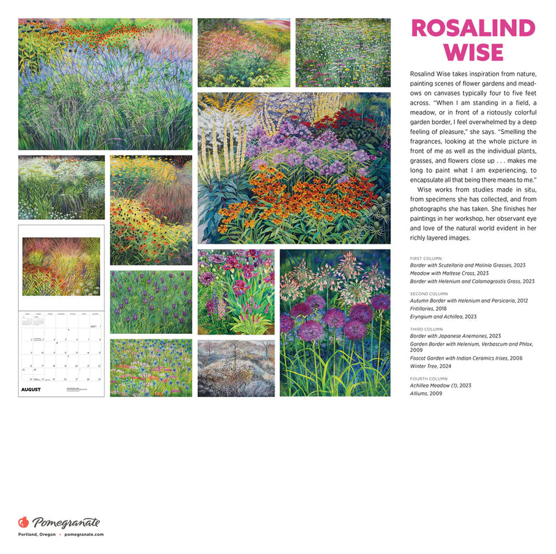 Back of calendar spread featuring Rosalind Wise's artwork with a mix of floral and natural scenes.