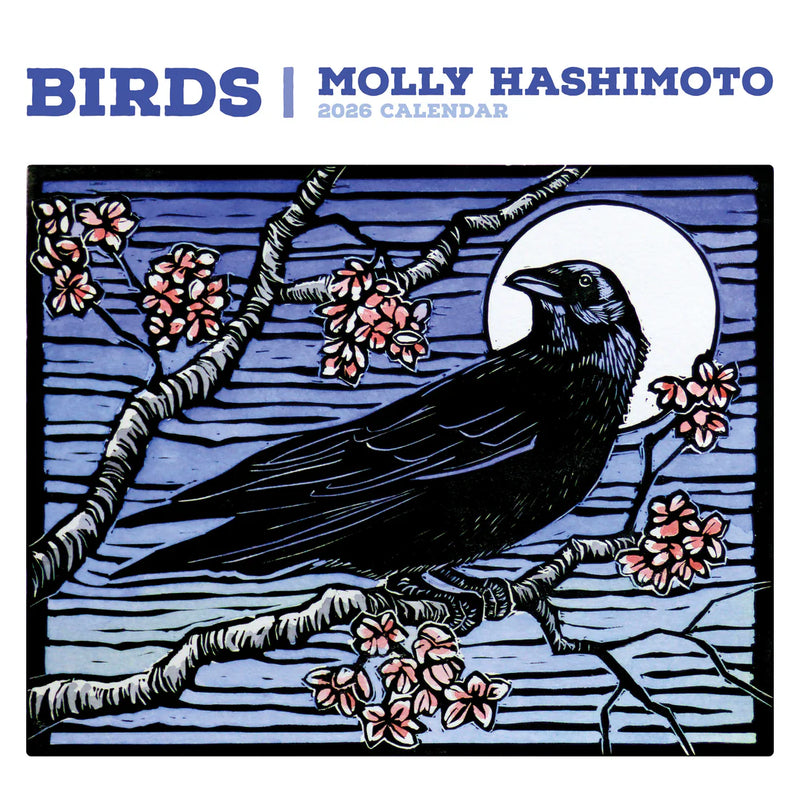 2026 Birds calendar by Molly Hashimoto with a crow on a branch and cherry blossoms.