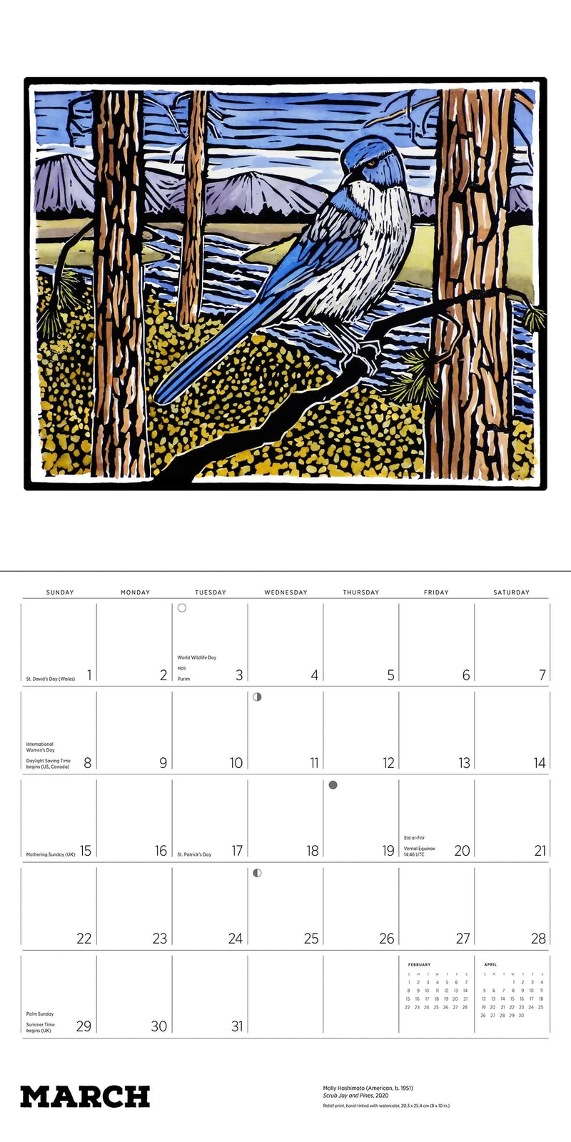 Calendar page for March with a bluebird illustration and mountain landscape.