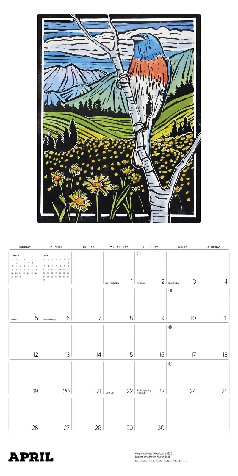 Calendar page for April with a nature-themed illustration of a bird on a branch.