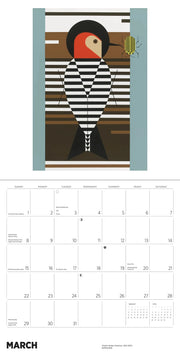 Calendar page with a stylized illustration of a bird on a wooden background