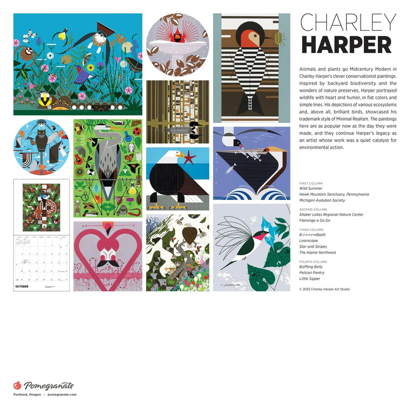 back cover of calendar with images of Charley Harper artwork with text about the artist and publisher.