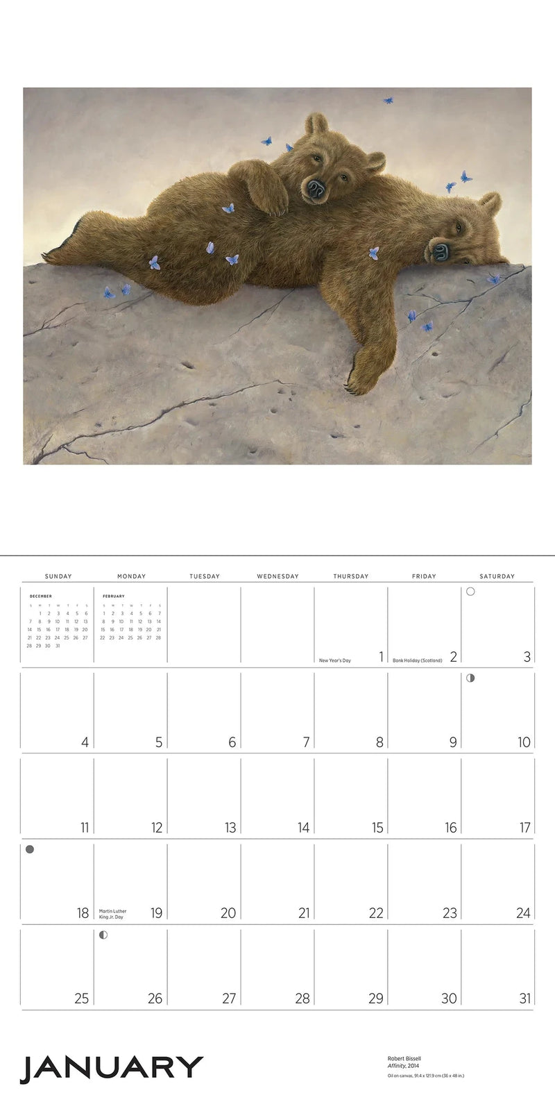 Calendar page for January with bears on a textured surface