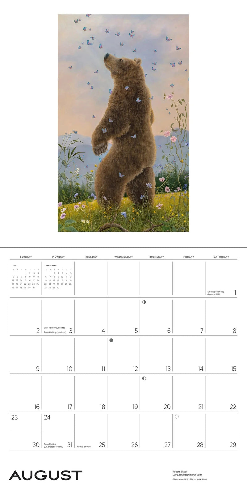 Calendar page for August with a bear and butterfly illustration on a white background
