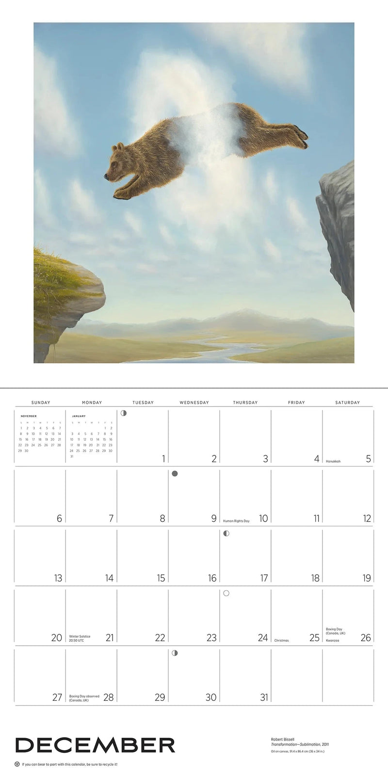 Calendar page for December with a bear jumping across cliffs illustration.