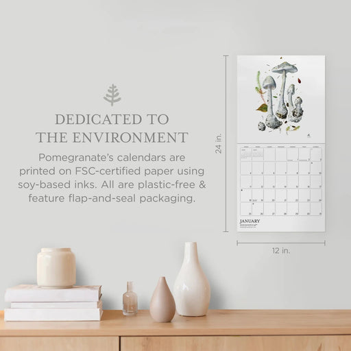 Pomegranate calendar on a wall with environmental information text