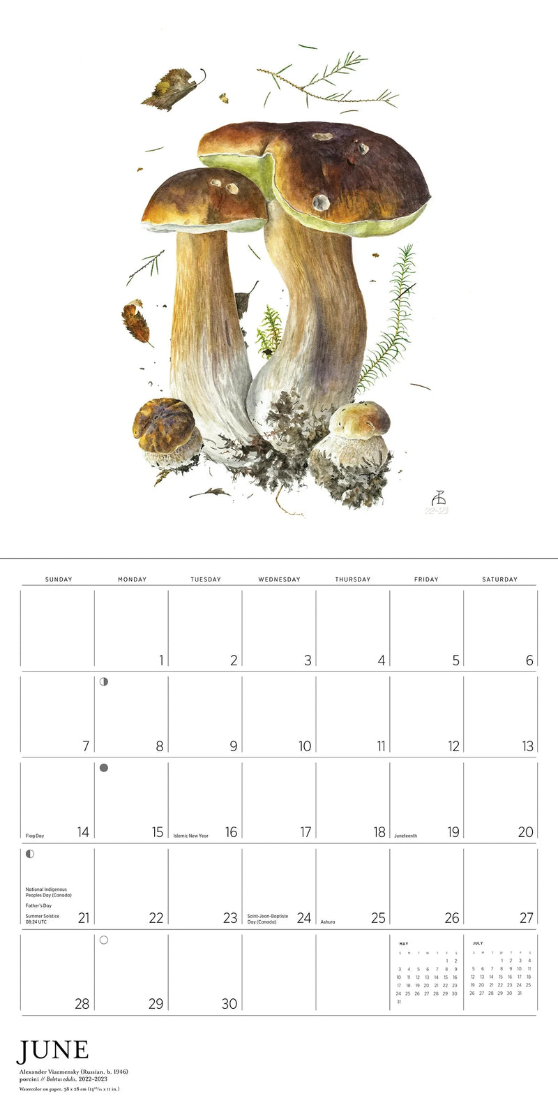 Calendar page with illustration of mushrooms and June month layout.