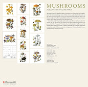Back of calendar with Illustrations of various mushrooms with descriptive text on a beige background