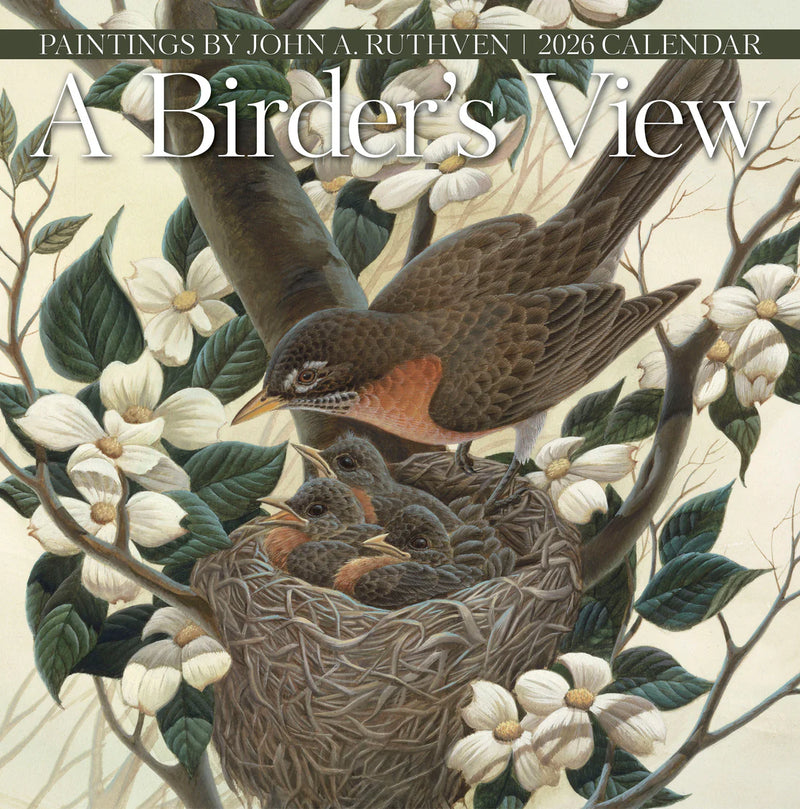 Calendar cover with illustration of birds in a nest surrounded by flowers, featuring the title 'A Birder's View' and artist's name.