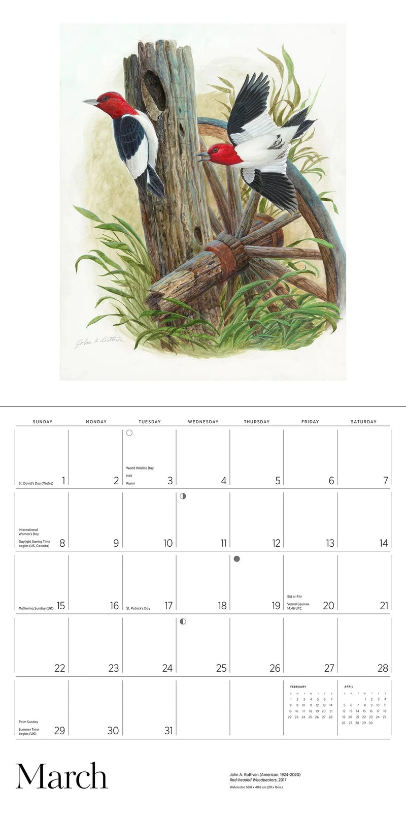 Calendar page with illustration of two redheaded woodpeckers on a tree stump and wagon wheel, with March text.