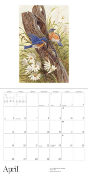 Calendar page for April with bird illustration on a white background
