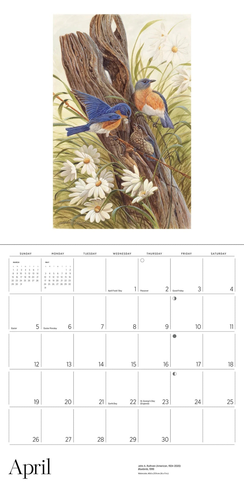 Calendar page for April with bird illustration on a white background