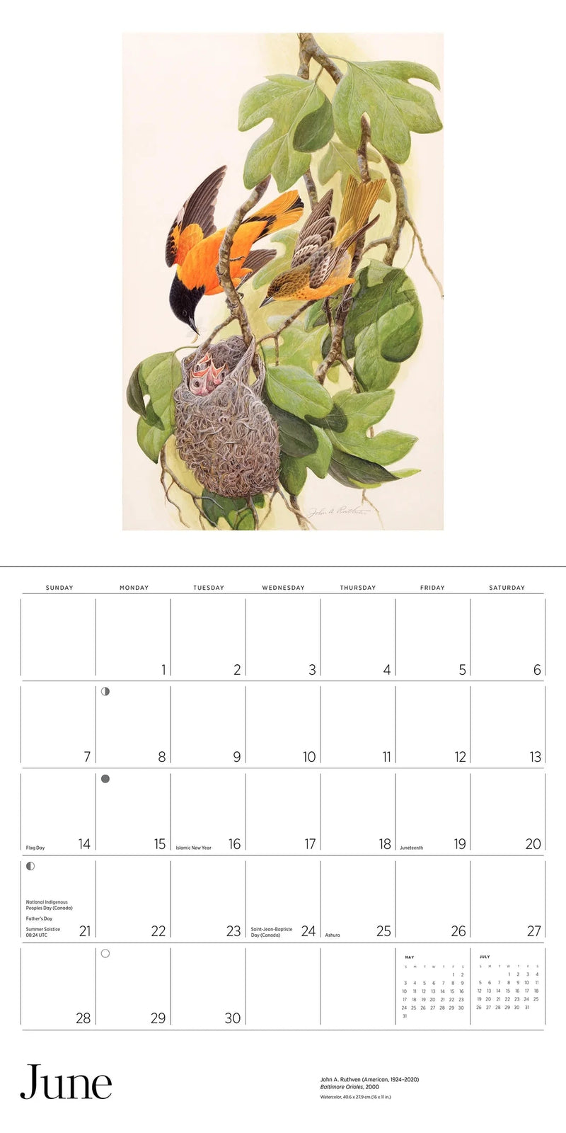 Calendar page for June with orioles, nest and leaves illustration