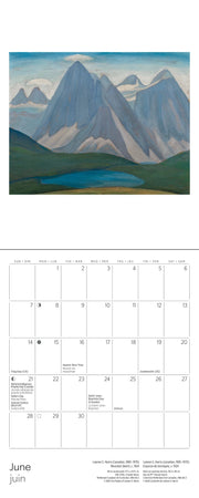 Calendar page with a mountain landscape painting and June text