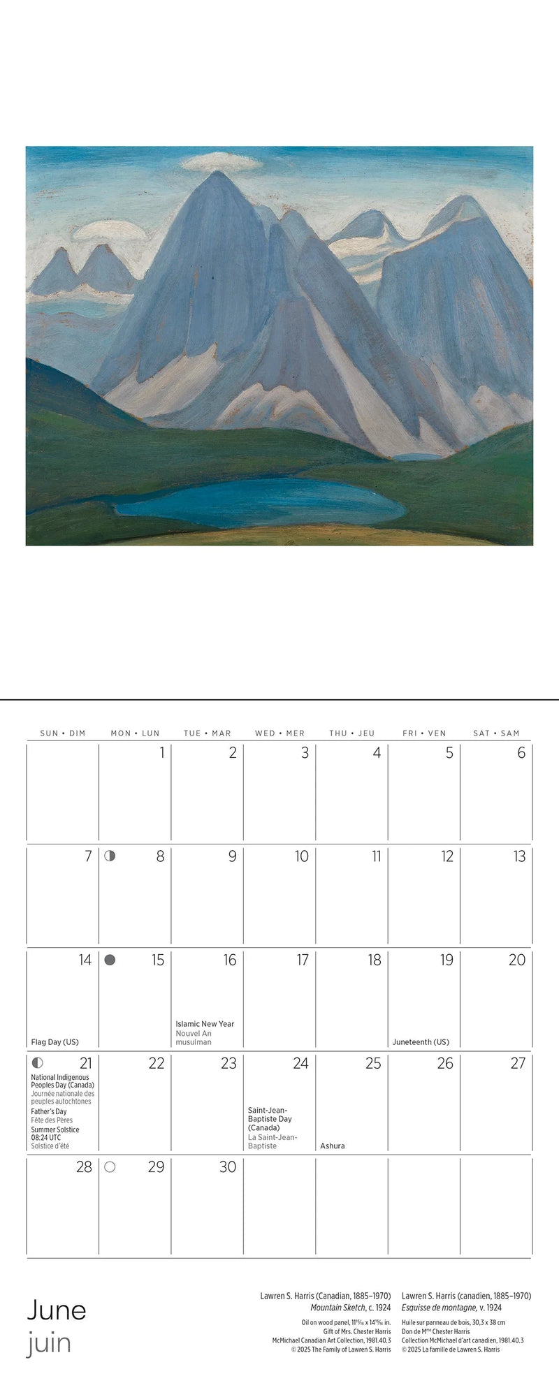 Calendar page with a mountain landscape painting and June text