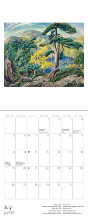 Calendar page with a painting of a landscape featuring trees and mountains, and a calendar layout below.