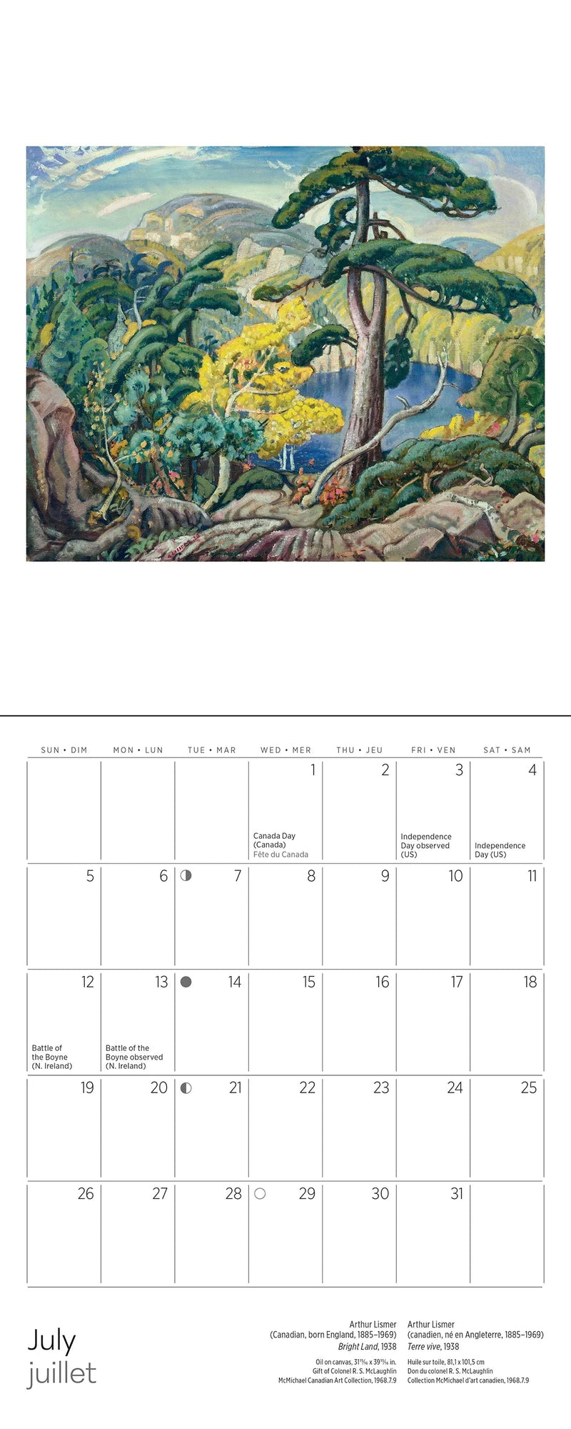 Calendar page with a painting of a landscape featuring trees and mountains, and a calendar layout below.