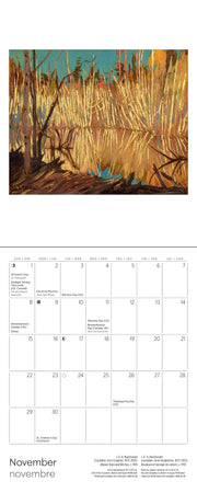 Calendar page with a painting of trees reflecting in water and a calendar layout below