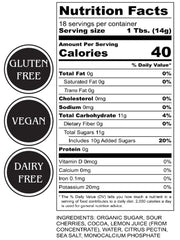 Nutrition facts label with gluten-free, vegan, and dairy-free indicators on a white background.