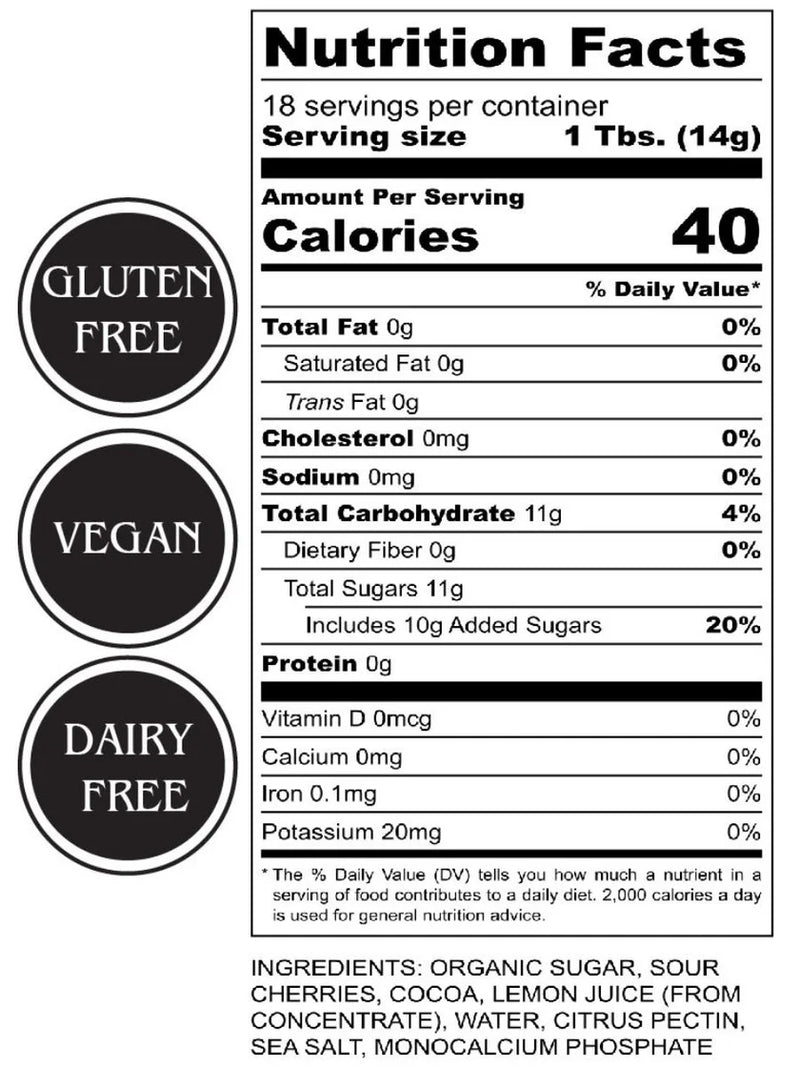 Nutrition facts label with gluten-free, vegan, and dairy-free indicators on a white background.