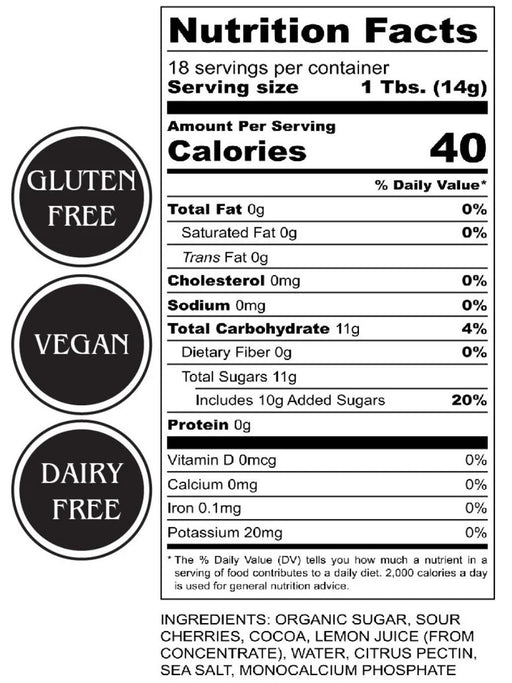 Nutrition facts label with gluten-free, vegan, and dairy-free indicators on a white background.