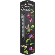 welcome to the garden thermometer with black background. featuring two ruby throated hummingbirds and fuchsia flowers 