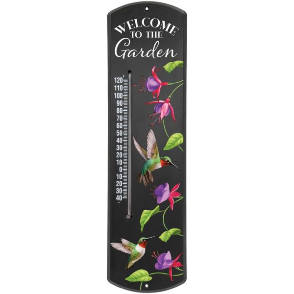 welcome to the garden thermometer with black background. featuring two ruby throated hummingbirds and fuchsia flowers 