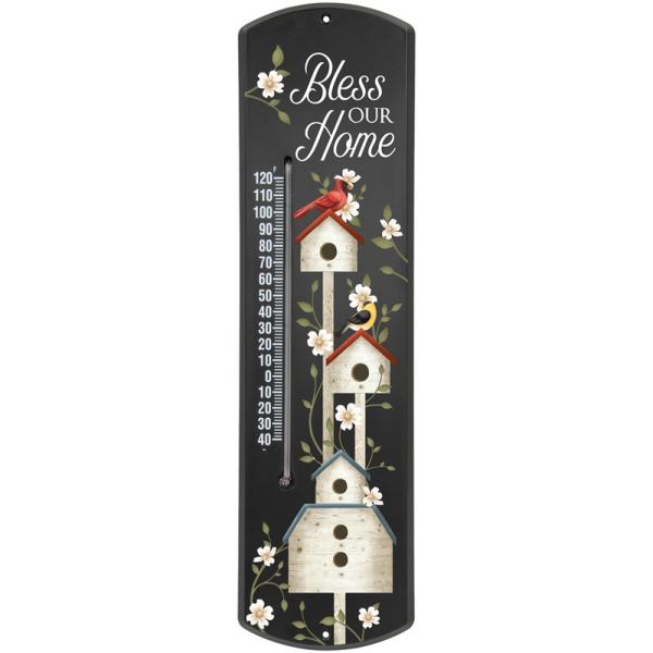 bless our home thermometer with black backgrouynd featuring stacked white birdhouses, a cardinal and a goldfinch. 