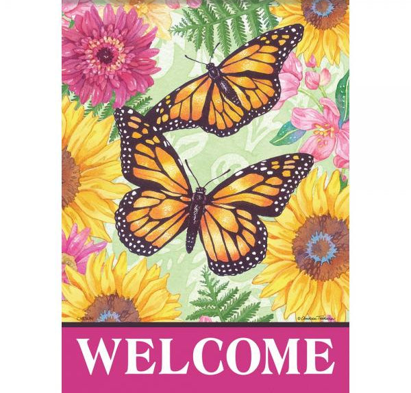 Decorative flag with butterflies and flowers featuring the word 'WELCOME'.