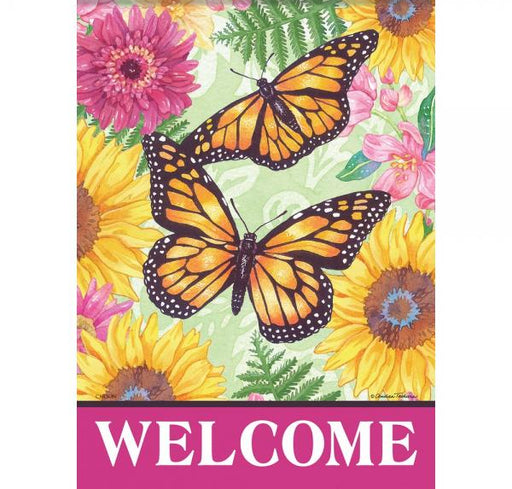 Decorative flag with butterflies and flowers featuring the word 'WELCOME'.