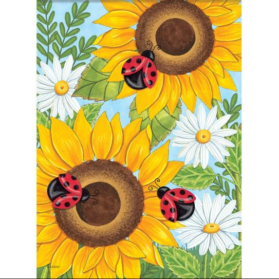 Decorative flag with sunflowers, ladybugs, and daisies on a blue background