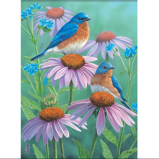 Decorative flag with bluebirds and purple coneflowers on a green background