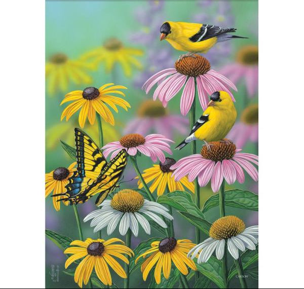 Decorative flag with birds and flowers, featuring two yellow birds on pink flowers and a butterfly on yellow flowers.