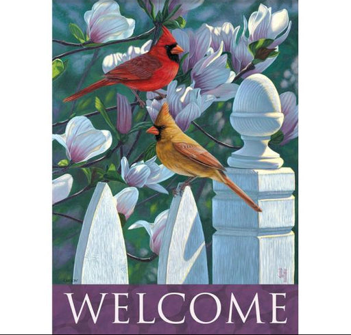 Two cardinals on a fence with flowers and the word 'WELCOME' at the bottom.