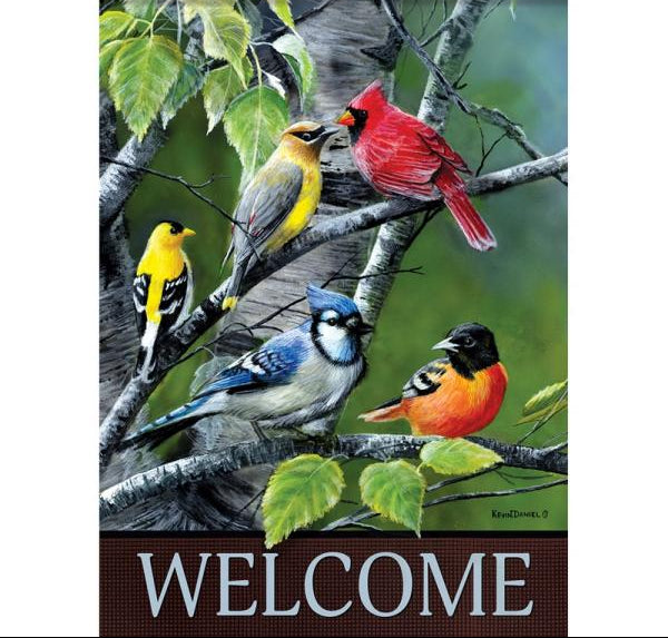 Decorative flag with colorful song birds on a branch and 'WELCOME' text.