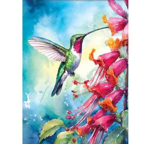 Colorful painting illustration on a flag of a hummingbird and flowers with a blue and green background