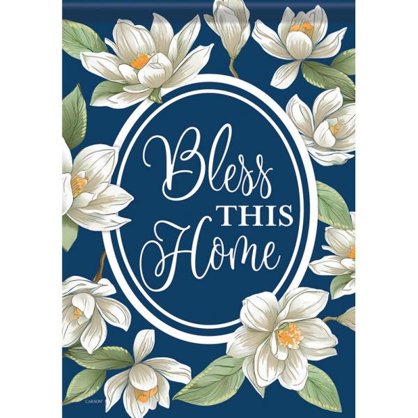 Decorative sign with floral design and 'Bless This Home' text on a blue background